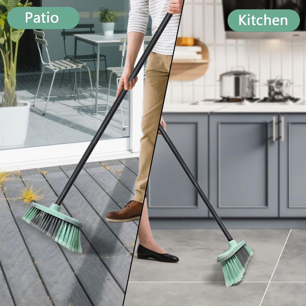 Indoor Broom Soft Bristle Brooms - Brooms for Sweeping Indoor Pet Hair, House Broom for Cleaning Hardwood, Tile, and Decking Surfaces Across.（Green）