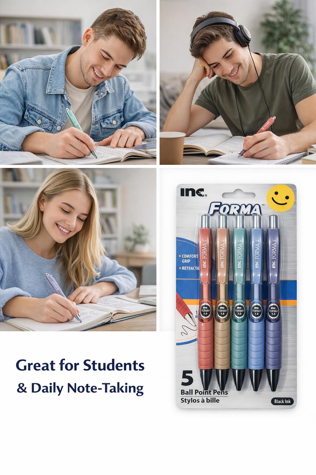 INC FORMA Retractable Ballpoint Pens, Black Ink, 1.0 mm, Comfort Grip, Assorted Colors, 5 Pack