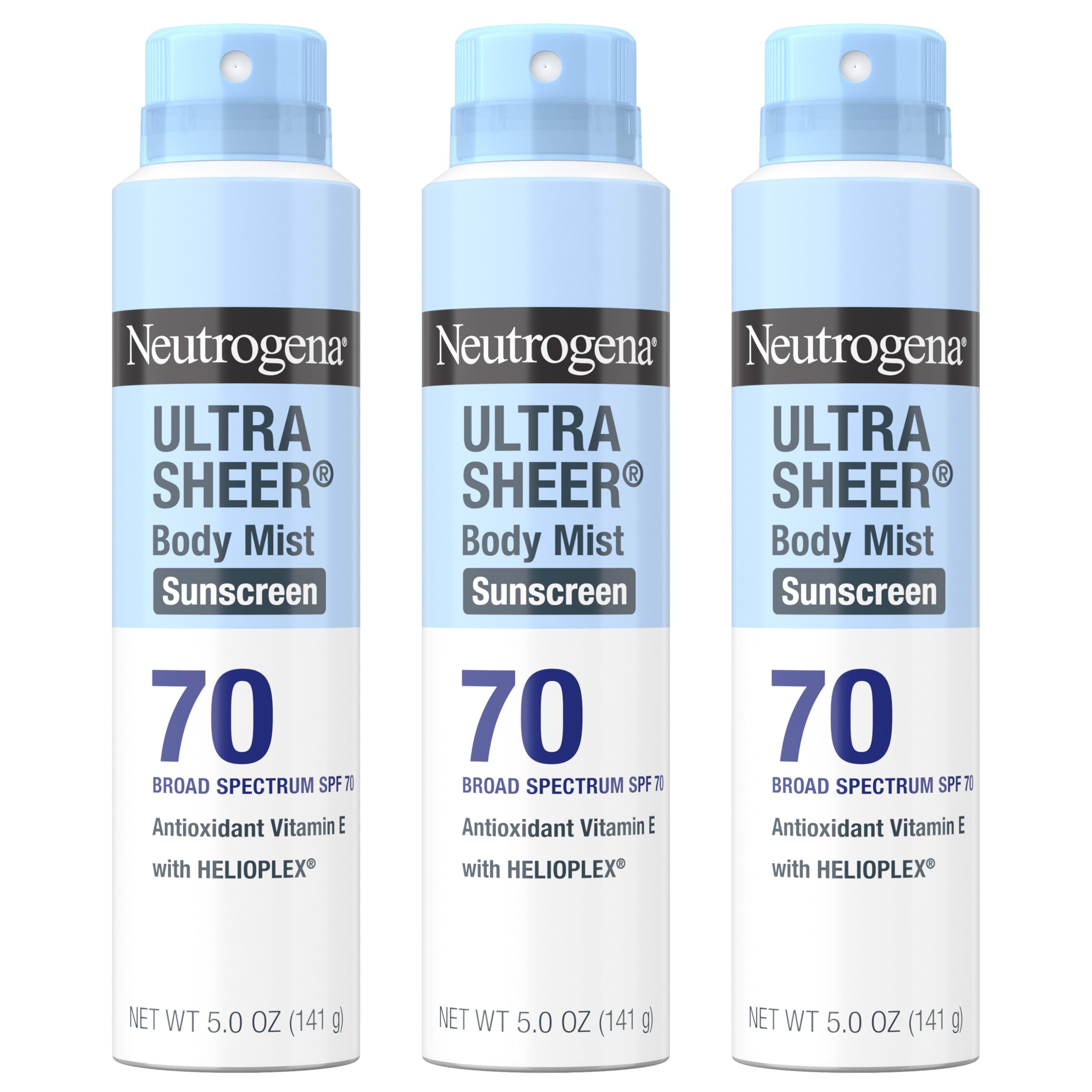 Neutrogena Ultra Sheer Dry Touch Sunscreen Spray, SPF 70, 3 x 5 oz | Broad Spectrum UVA/UVB Protection, Lightweight Spray, Water-Resistant up to 80 Minutes, PABA-, & Oxybenzone-Free