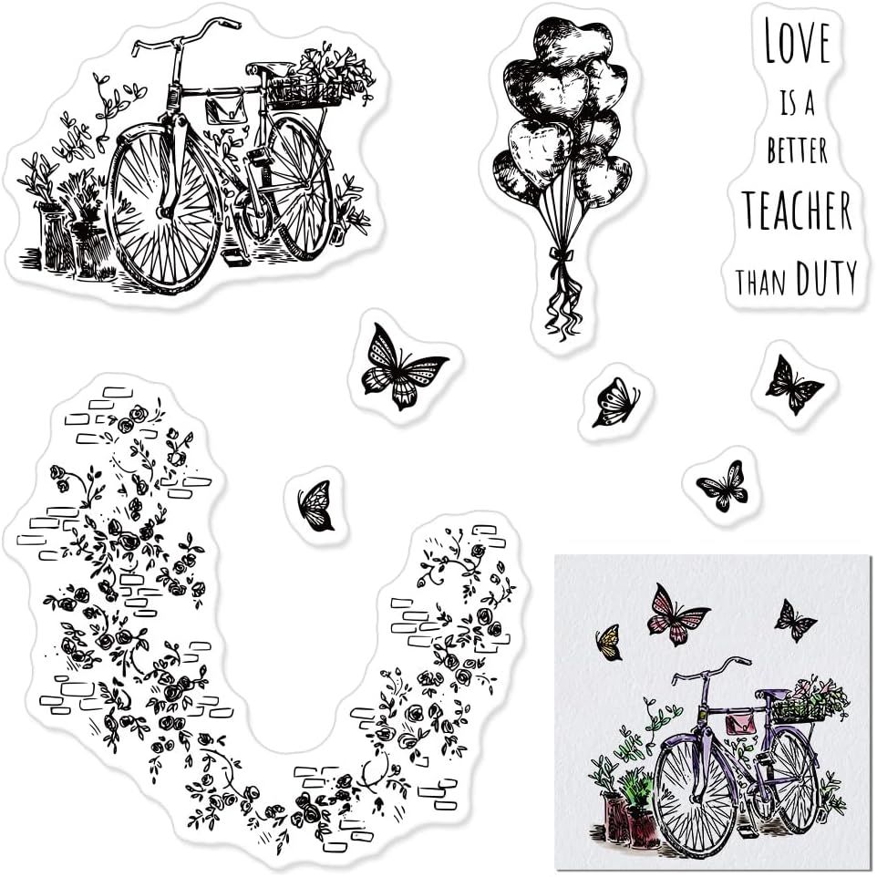 Buy now Door Bike Tree Scenery Clear Stamps for Card Making and Photo Album Decorations, Blessing Words Transparent Rubber Stamps Seal for DIY Scrapbooking Style 4:bike Flowers at indiglob india