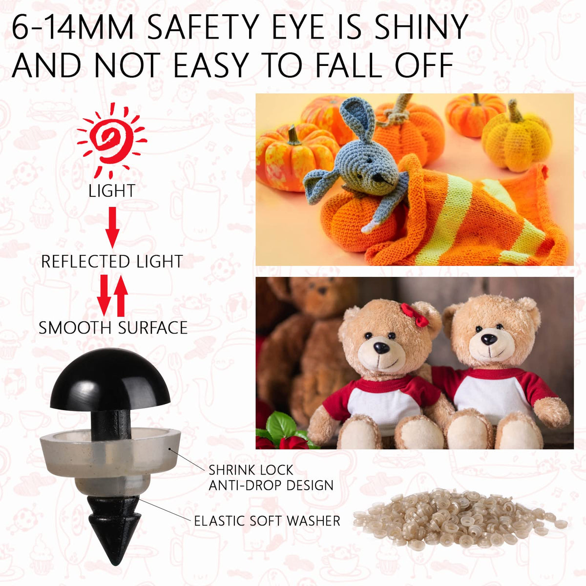 350 Pcs 6-14mm Safety Eyes for Crocheting with Washers and Size Tools Black Plastic Craft Safety Eyes for Amigurumi Doll Eyes for Stuffed Animals DIY Making Toy Crafts Decorations with Instructions