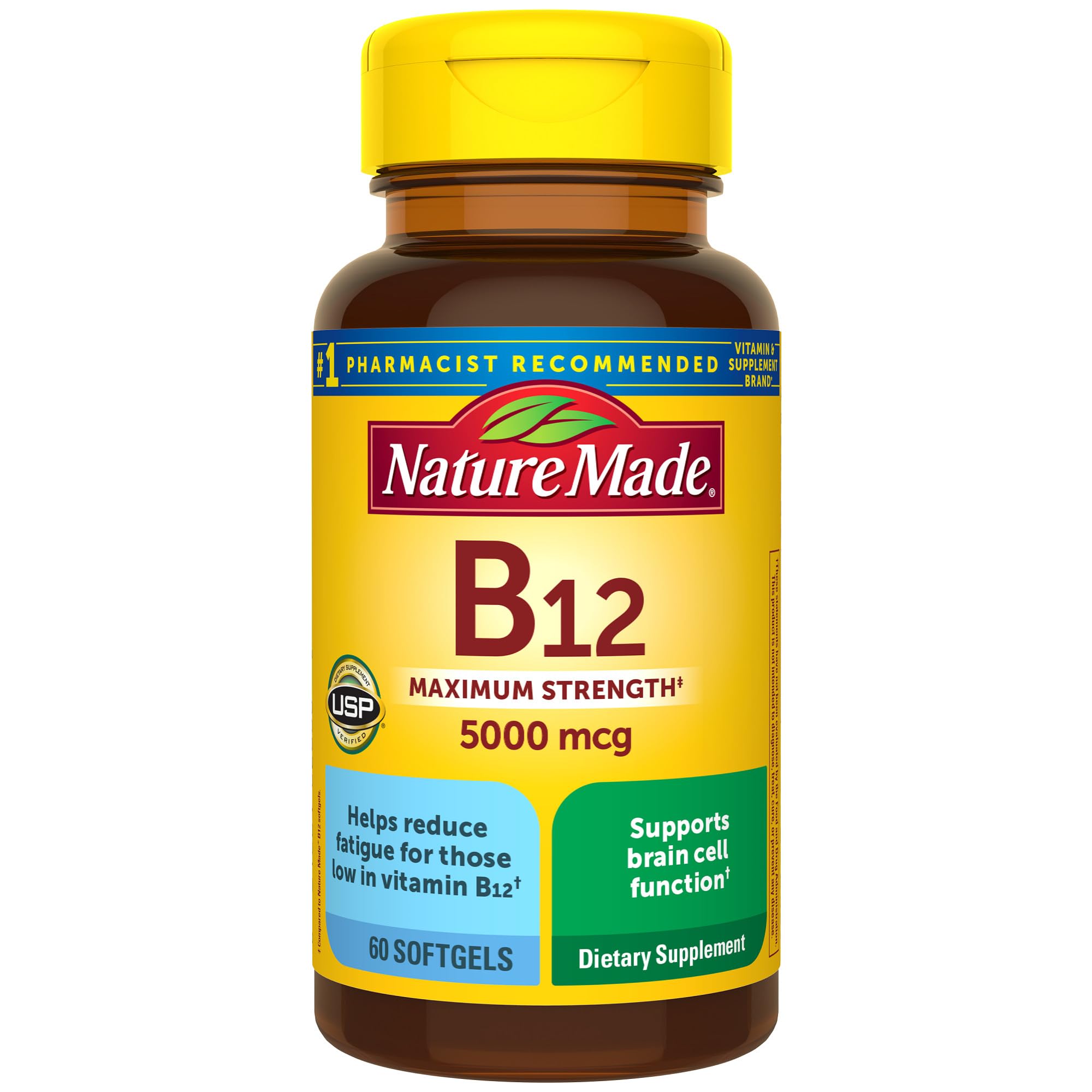 Nature Made Maximum Strength Vitamin B12 5000 mcg Softgels, 60 Softgels | Energy Metabolism Support Supplement for Men and Women, Helps Reduce Fatigue for Those Low in Vitamin B12, 60 Day Supply