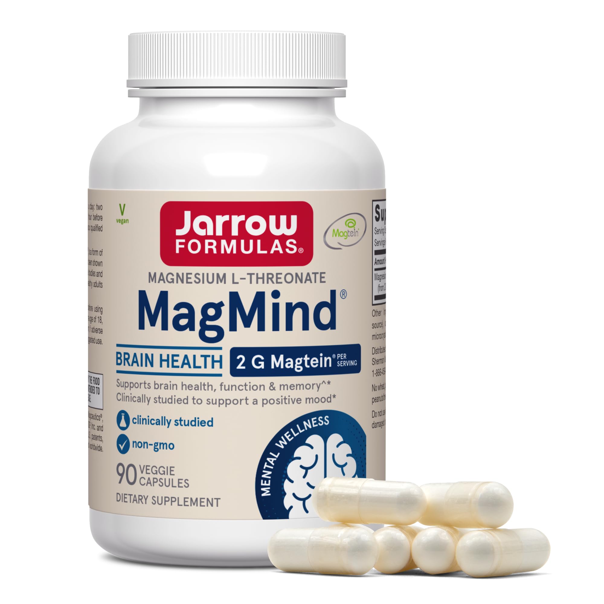 Jarrow MagMind Magtein Magnesium L-Threonate, 90 Capsules | Magnesium Supplement, Brain Supplements For Memory Support, Veggie Capsules, 30 Day Supply