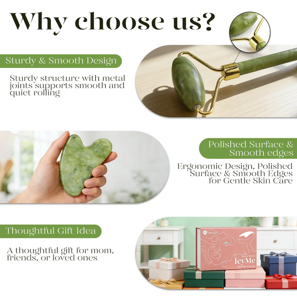 BAIMEI IcyMe Gua Sha & Jade Roller Set for Facial Sculpting and Relaxation | Cooling Face Roller & Guasha Tool for Face Depuffing & Jawline Definition, Beauty Skin Care Tool Gifts for Women–Green
