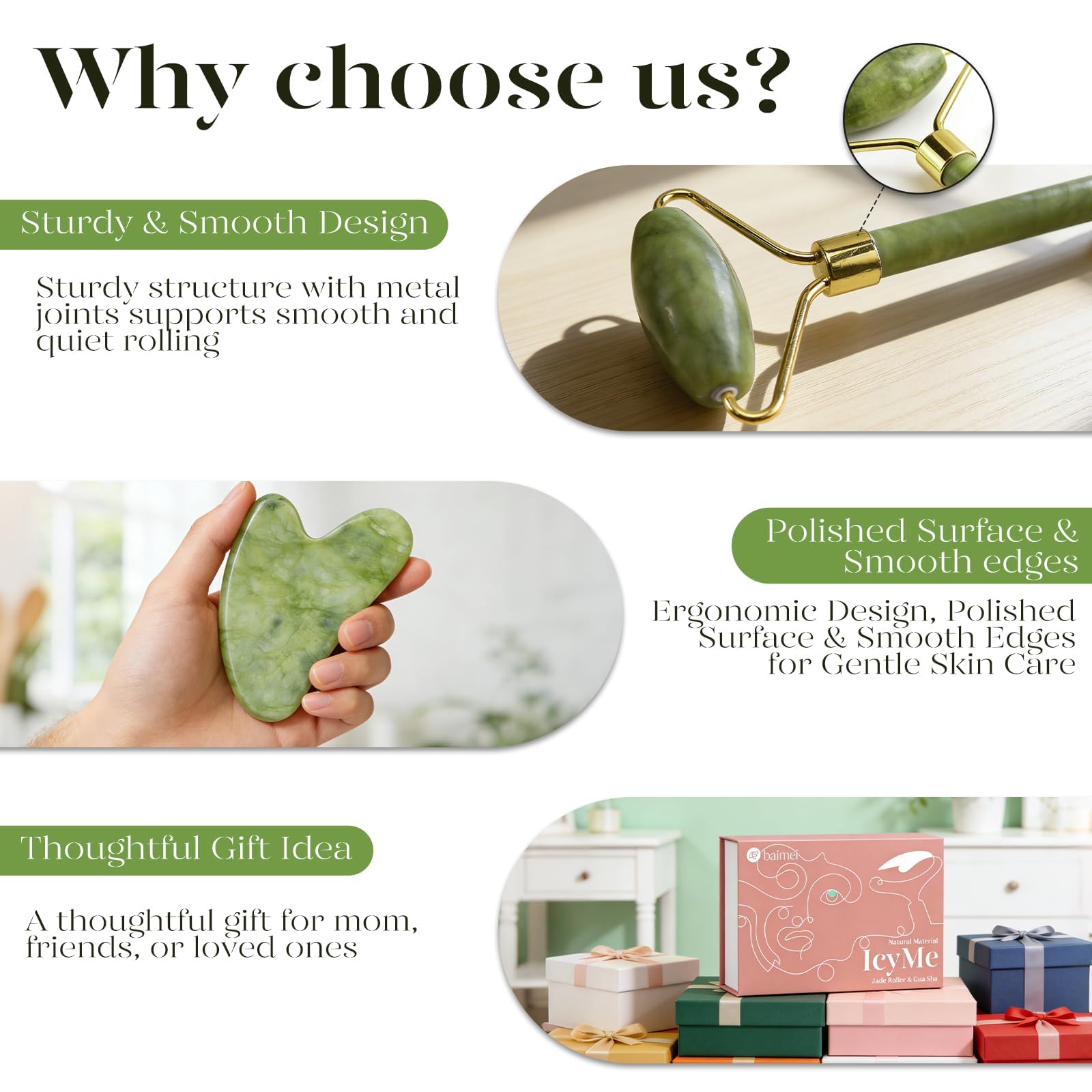 BAIMEI IcyMe Gua Sha & Jade Roller Set for Facial Sculpting and Relaxation | Cooling Face Roller & Guasha Tool for Face Depuffing & Jawline Definition, Beauty Skin Care Tool Gifts for Women–Green