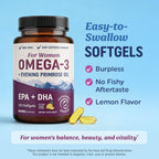 Fish Oil Omega 3 Supplements for Women, DHA + EPA, Heart Health Support | Hormone Balance & Skin Health Support, 600MG Omega3 + 800MG Evening Primrose Oil, Omega 3 Supplement for Women, 120 Softgels