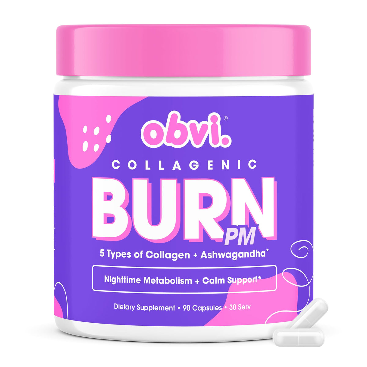 Obvi Collagenic Burn PM | Nighttime Collagen Peptides for Sleep & Recovery | 5 Types Collagen + Ashwagandha, GABA & Melatonin | CapsiBurn Metabolic Support | 90 Capsules | Made in USA