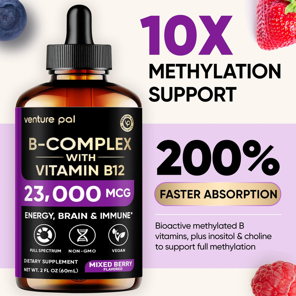 Vitamin B Complex 23000mcg - Methyl B12| B9 Folic|B7 Biotin,B1,B2,B3,B5,B6 | Vitamin B Complex Liquid Drops for Men & Women with Vitamin C, Choline & Inositol for Energy, Immune & Brain Support - 2Oz