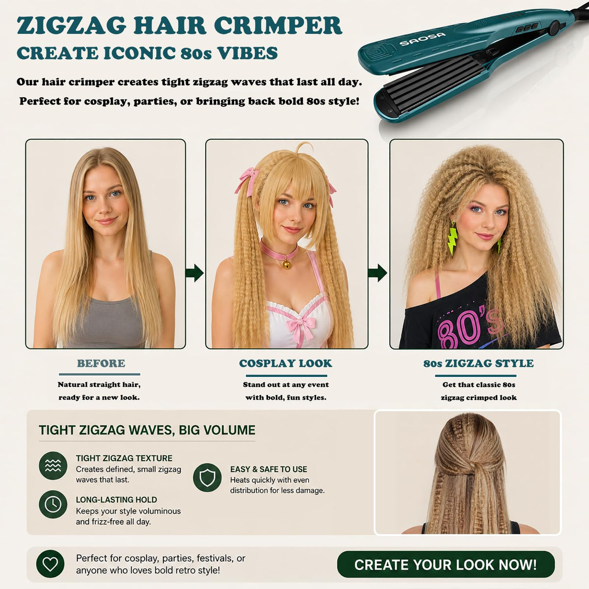 SAOSA Hair Crimper, Ceramic Crimping Iron for Root Volume & 80s Stylish