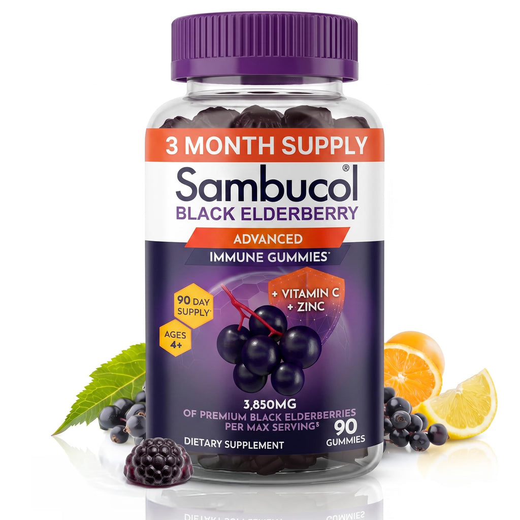 Sambucol Elderberry Gummies - Immune Support Supplement - 90 Count | Advanced Formula For Adults & Kids with Vitamin C & Zinc, Sambucol Elderberry are High in Antioxidants, Gluten Free, Vegan