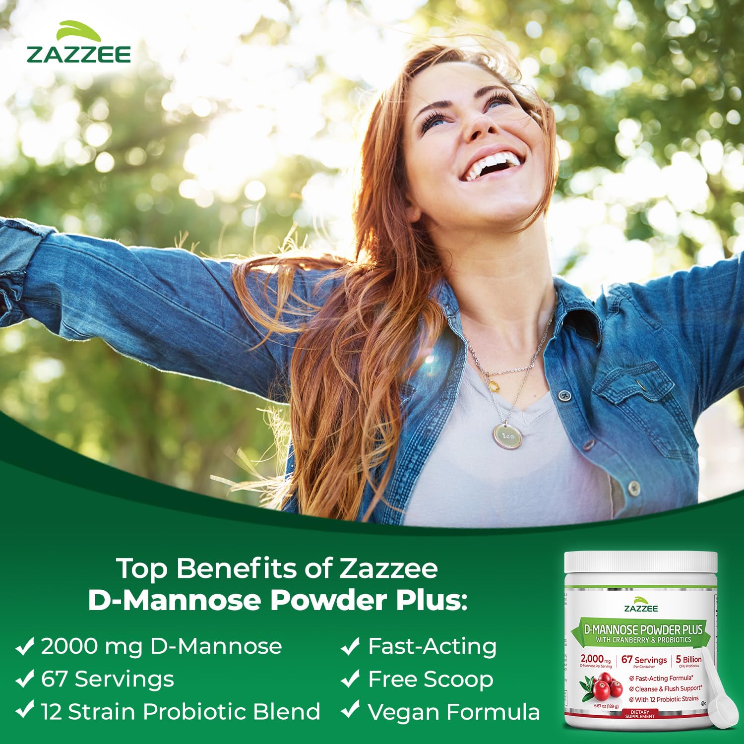 Zazzee D-Mannose Powder Plus, 2000 mg, 67 Servings, Free Scoop, Made in USA | Plus 5 Billion CFU Probiotics and Pure Cranberry Juice Extract, Kosher, 6.67 oz, Urinary Tract & Bladder Support, Non-GMO