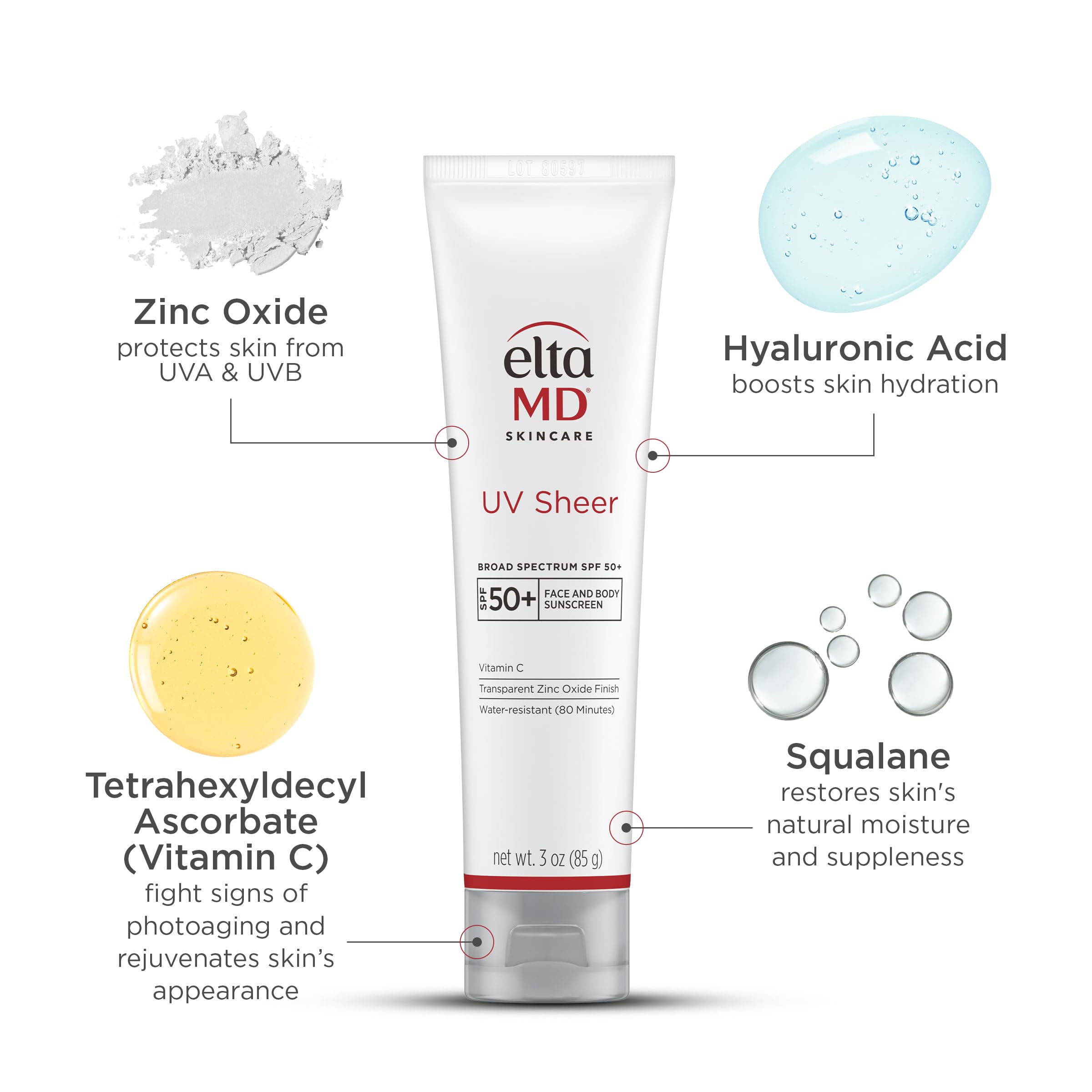 EltaMD UV Sheer Face and Body Sunscreen SPF 50+,Oil Free,No White Cast Sunscreen for Face and Body,Zinc Oxide Formula,3.0 oz Tube,(Pack of 2)