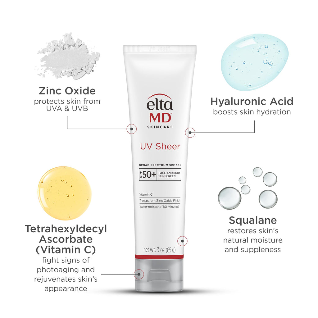 EltaMD UV Sheer Face and Body Sunscreen SPF 50+,Oil Free,No White Cast Sunscreen for Face and Body,Zinc Oxide Formula,3.0 oz Tube,(Pack of 2)