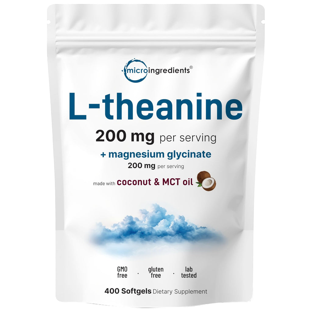 Micro Ingredients L-theanine 200mg Per Serving with Magnesium Glycinate | Made with Coconut & MCT Oil | 400 Softgels | 2-in-1 Formula | Amino Acid & Mineral Complex | Non-GMO, Gluten Free, Soy Free