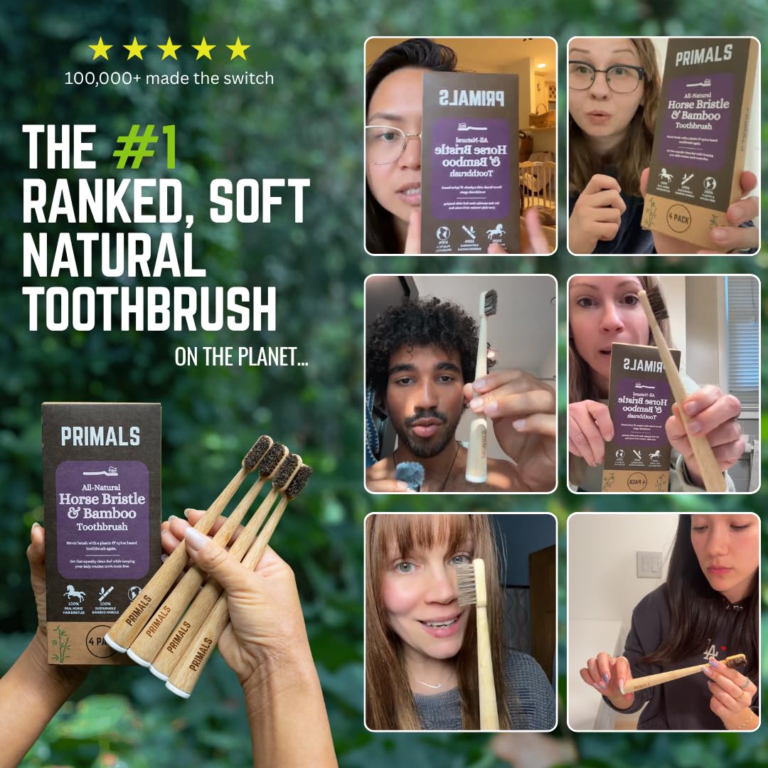 PRIMALS Horse Bristle & Bamboo Toothbrush (4-Pack) - Luxurious & Soft Horse Bristles - Fully Biodegradable - Plastic & Nylon Free - Quick Dry Design