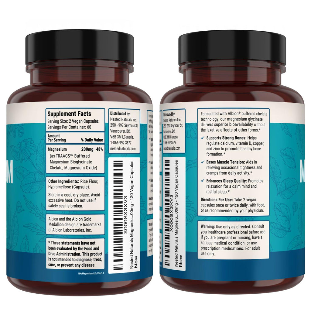 Nested Naturals Magnesium Glycinate Chelate - 200mg Chelated Magnesium Supplement for Muscle Cramps, Relaxation, & Sleep Support - 100% Albion TRACCS Buffered Magnesium Glycinate - 120 Vegan Capsules