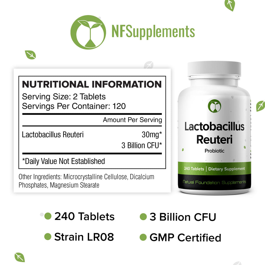 Lactobacillus Reuteri Probiotic 240 Tablets (4 Month Supply) – Researched Strain LR08 – 3 Billion CFU – Digestive Health & Gut Comfort – GMP Certified (240, Lactobacillus Reuteri)