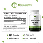 Lactobacillus Reuteri Probiotic 240 Tablets (4 Month Supply) – Researched Strain LR08 – 3 Billion CFU – Digestive Health & Gut Comfort – GMP Certified (240, Lactobacillus Reuteri)