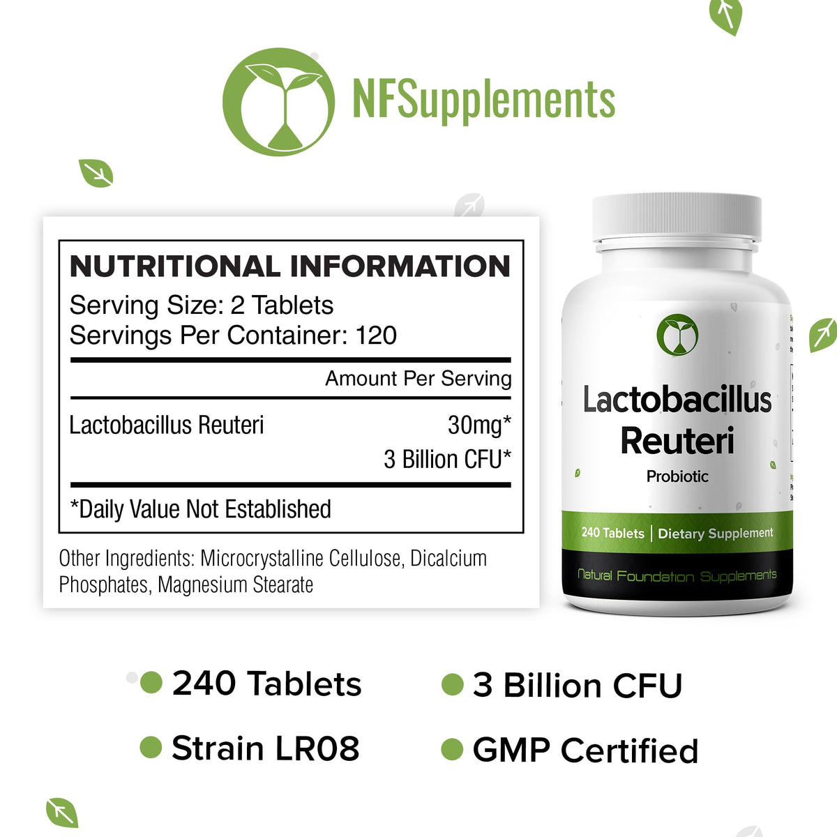 Lactobacillus Reuteri Probiotic 240 Tablets (4 Month Supply) – Researched Strain LR08 – 3 Billion CFU – Digestive Health & Gut Comfort – GMP Certified (240, Lactobacillus Reuteri)