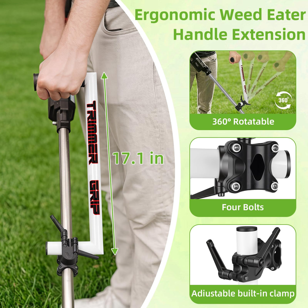 Upgraded Ergonomic Back Saver Weed Eater Handle, Universal String Trimmer Handle Extension, Weed Wacker Trimmer Handle Grip, Back Pain Relief for Lawn Care and Landscaping, 17.1in (Patented)