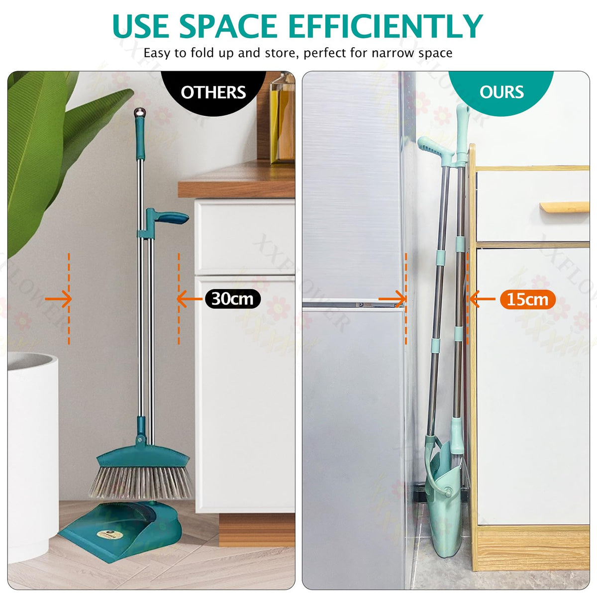 XXXFLOWER Broom and Dustpan Set with Cleaning Teeth, 54.5" Long Handle Indoor Sweeping Combo for Home Office Kitchen, Bluish Green
