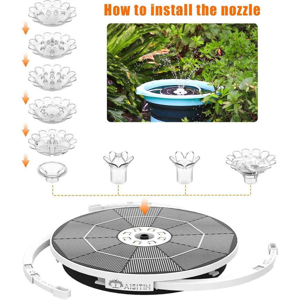 Buy now AISITIN 3.5W Solar Fountain Pump, LED Lighting Solar Water Pump Floating Fountain with 6 Nozzles, 1500mAh Battery Backup for Bird Bath, Fish Tank, Pond or Garden Decoration Solar Aerator Pump at indiglob india