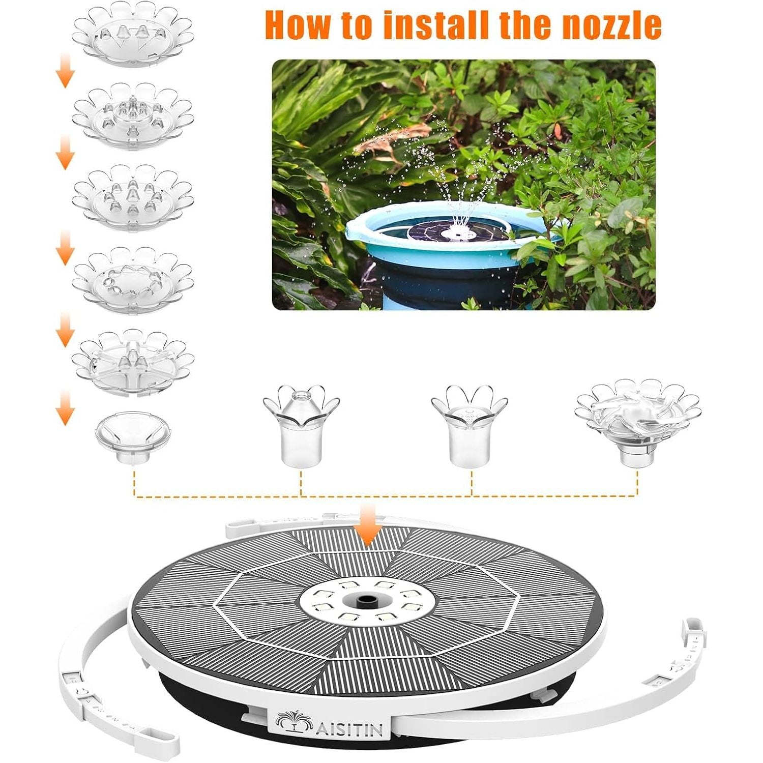 Buy now AISITIN 3.5W Solar Fountain Pump, LED Lighting Solar Water Pump Floating Fountain with 6 Nozzles, 1500mAh Battery Backup for Bird Bath, Fish Tank, Pond or Garden Decoration Solar Aerator Pump at indiglob india