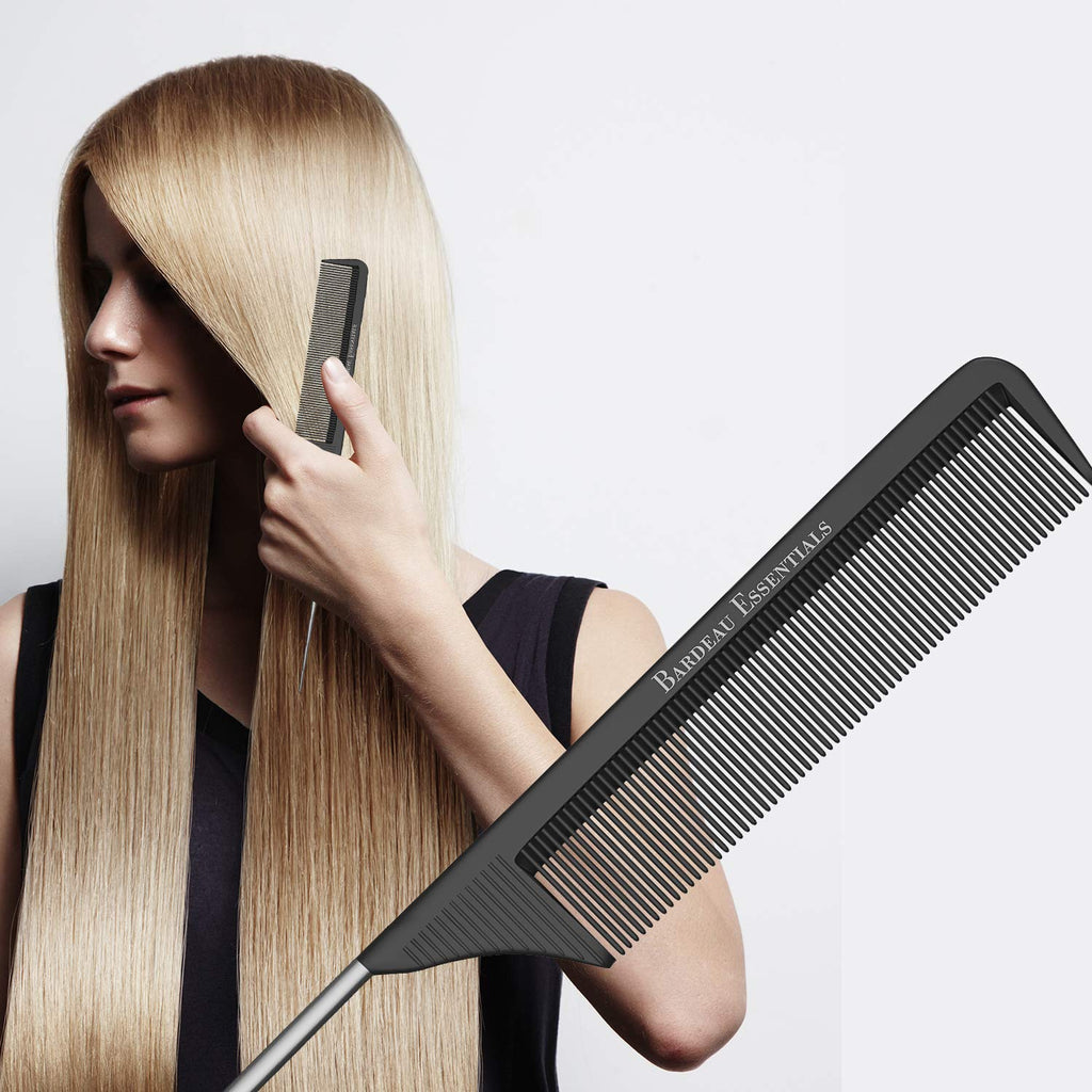Professional 8.8 Inch Tail Comb - Black Carbon Fiber And Stainless Steel Pintail - Anti Static And Heat Resistant Teasing Lightweight Comb For All Hair Types