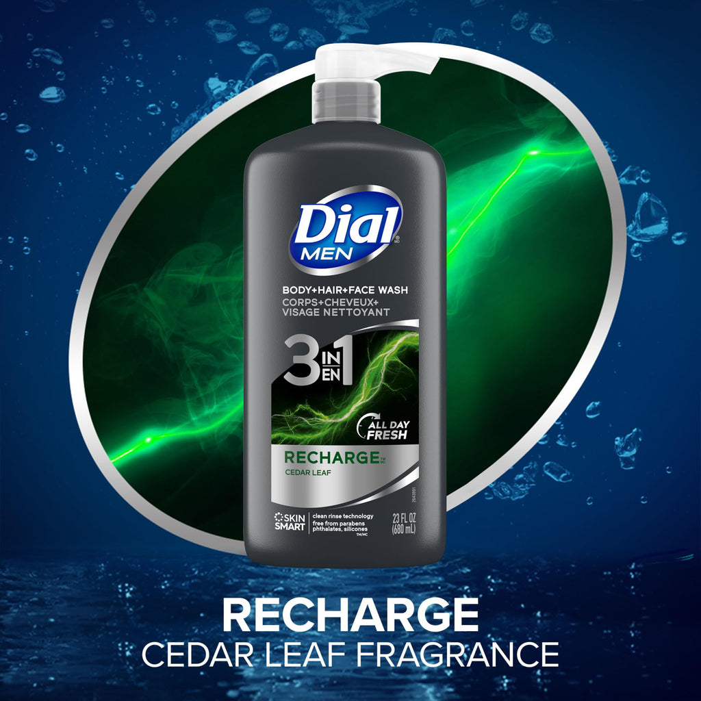 Dial Men 3-in-1 Body, Hair and Face Wash, Recharge, 23 Fl Oz, 3-Pack | Total 69 Fl Oz, clean rinse technology, moisturizing formula, includes 3 bottles, rich lather, suitable for daily use