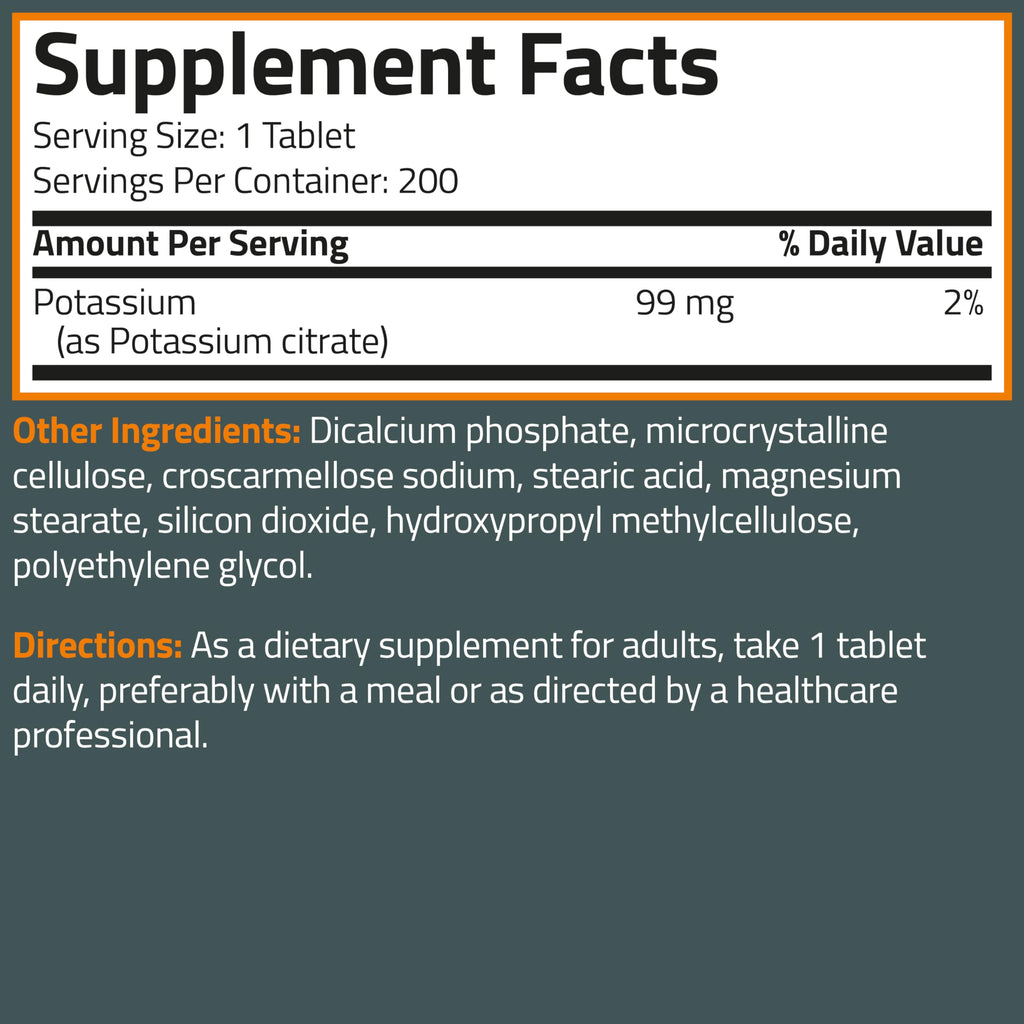 Bronson Potassium Citrate 99 mg, 200 Vegetarian Tablets