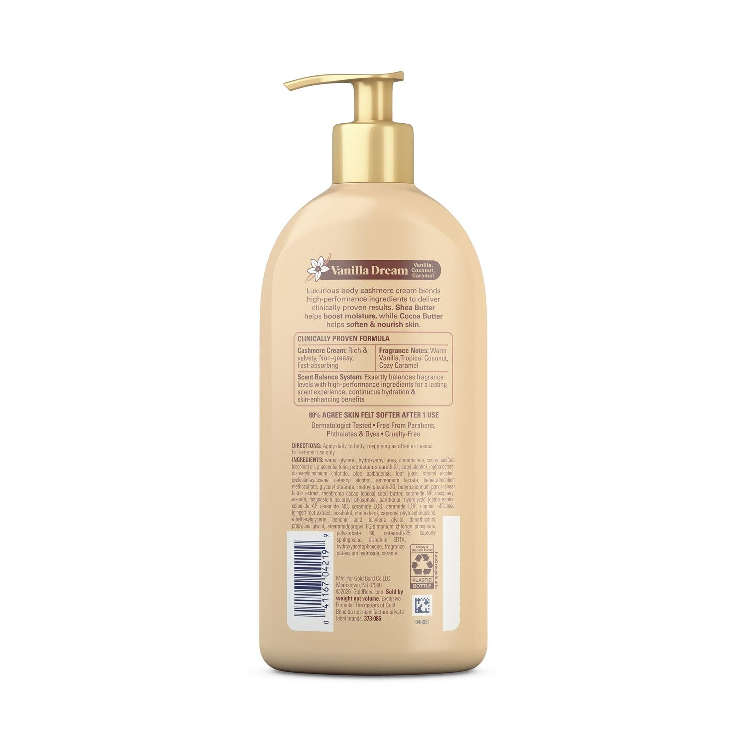 Gold Bond Softening Cashmere Cream Body Lotion, Vanilla Dream Scent, 24-Hour Hydration with Shea Butter and Cocoa Butter, 14 oz.