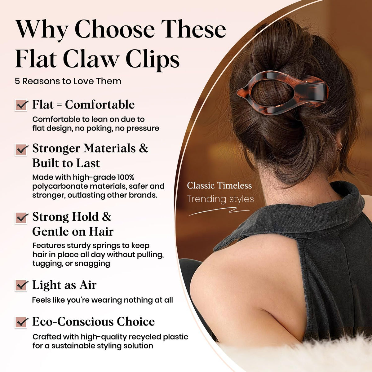 4 PCS Large Flat Hair Clips for Women Girls, French Concord Lay Down Claw Clips for Thick Thin Hair, Comfortable Curved Flat Clip, Leopard Print Stylish Strong Hold Hair Accessories, Tortoise