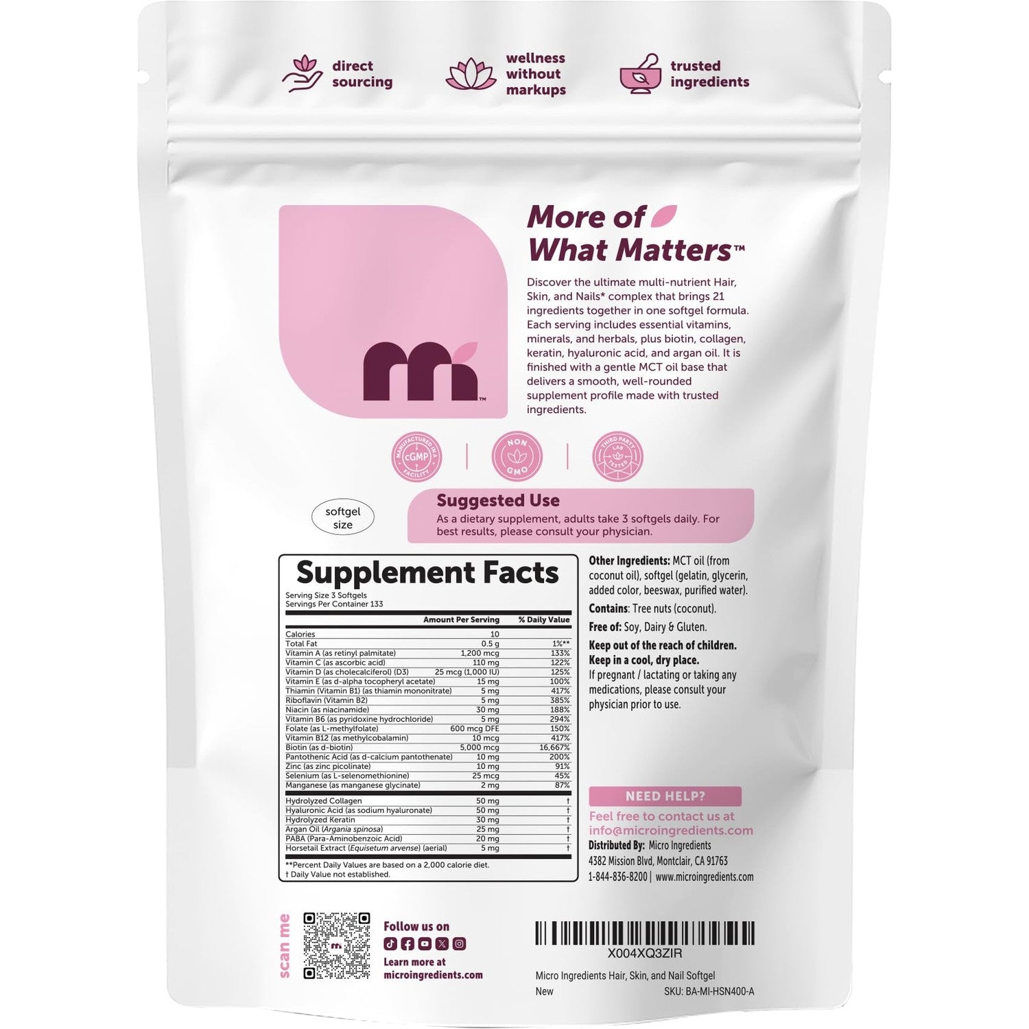 Hair Skin and Nails Vitamins for Women & Men | 400 Softgels with MCT Oil | 21-in-1 Argan Oil, Hyaluronic Acid, Collagen, Keratin & Biotin Supplement | 133-Day Supply | Non-GMO, Gluten Free