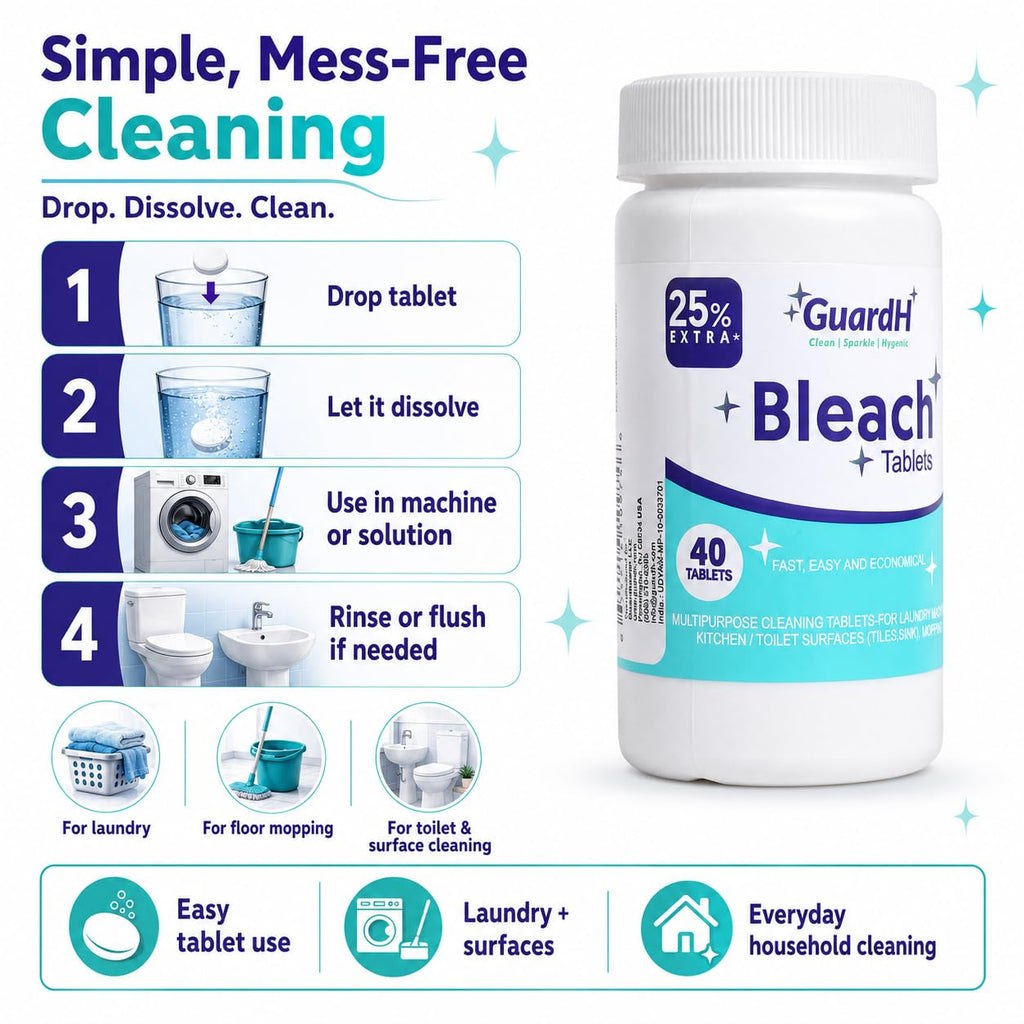 Bleach Tablets for Laundry & Household Cleaning – 40 Count Fast Dissolving Bleach Tabs for Washer, Toilet, Bathroom & Kitchen – Liquid Bleach Alternative – GuardH