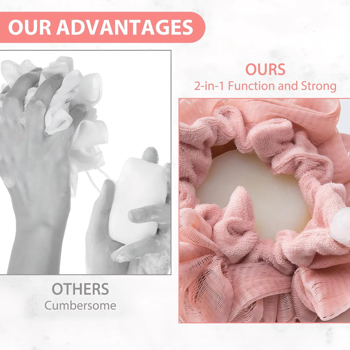 3 PCS Bar Soap Loofah Pouch, New 2 in 1 Drawstring Loofah Soap Holder, Exfoliation Mesh Shower Ball for Cleansing and Smooth Skin (Beige+Grey+Pink)