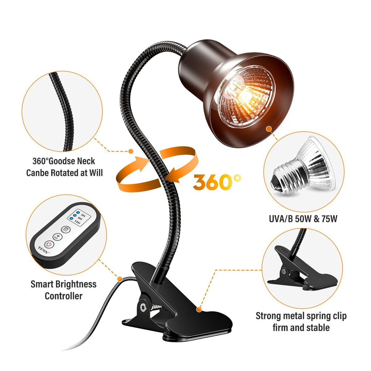 TFNN Reptile Heat Lamp, Heat Lamp with Clamp, UVA UVB Reptile Light with Intelligent Cycle Timer for Turtle, Bearded Dragon, Lizard and More, 2 Bulbs 50W+75W