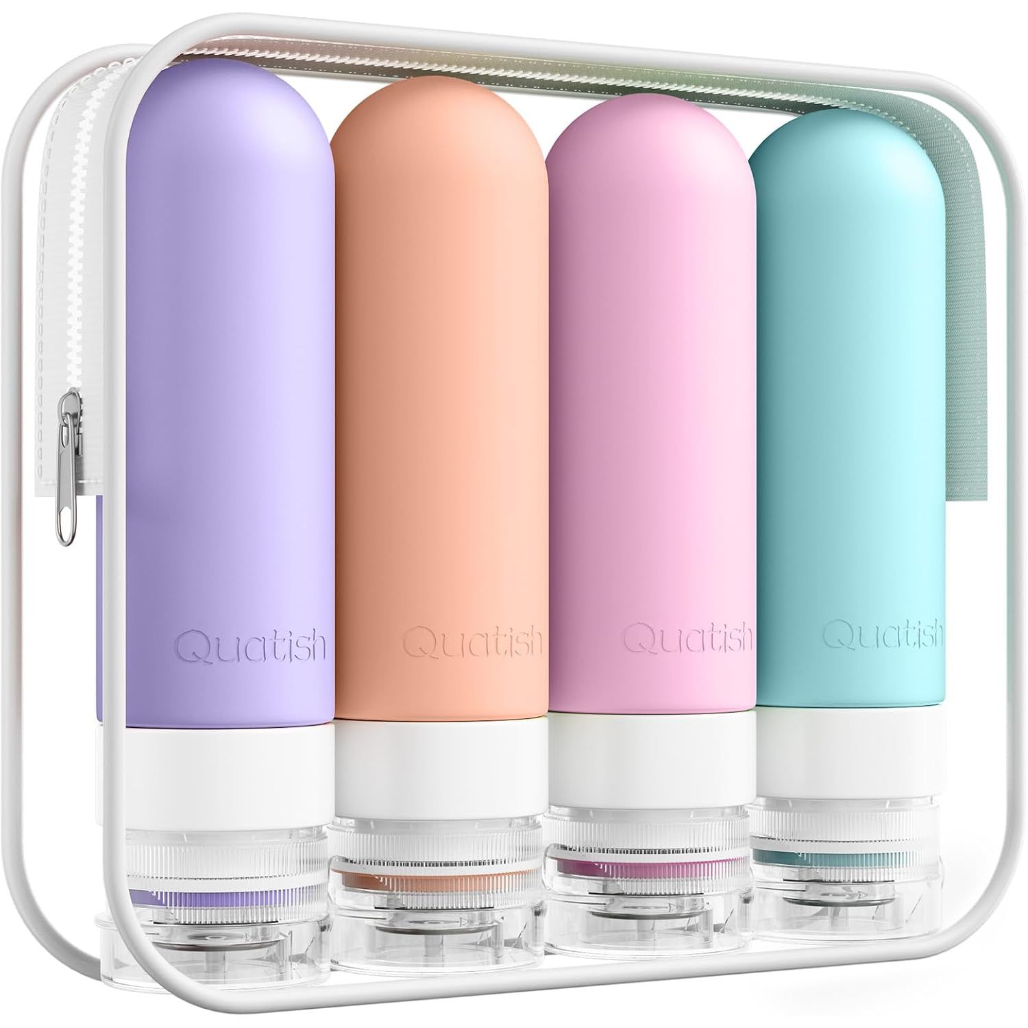 Buy now Quatish Travel Bottles for Toiletries, Original Patented Leak Proof Travel Size Containers, 3 oz Tsa Approved Silicone Shampoo and Conditioner Bottles, 4 Pack, Multi-Color Pink at indiglob india