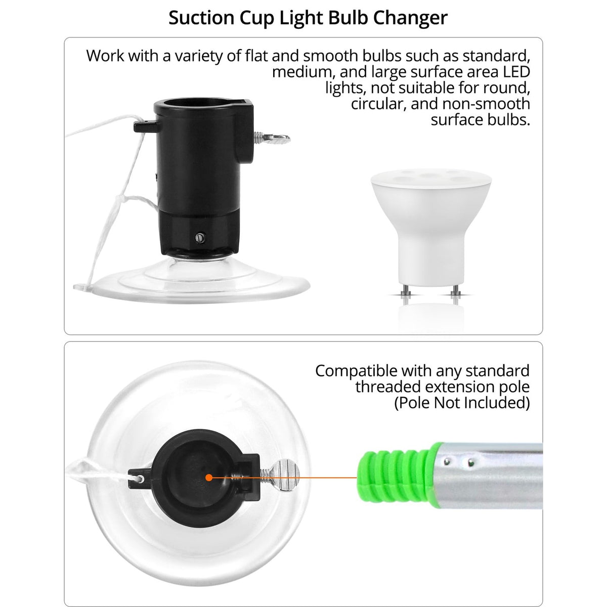 QWORK Professional Light Bulb Changer Kit - 3 Piece Set - Extension Pole Compatible, for High Ceiling Incandescent Bulbs with Standard, Floodlight & Recessed Changer