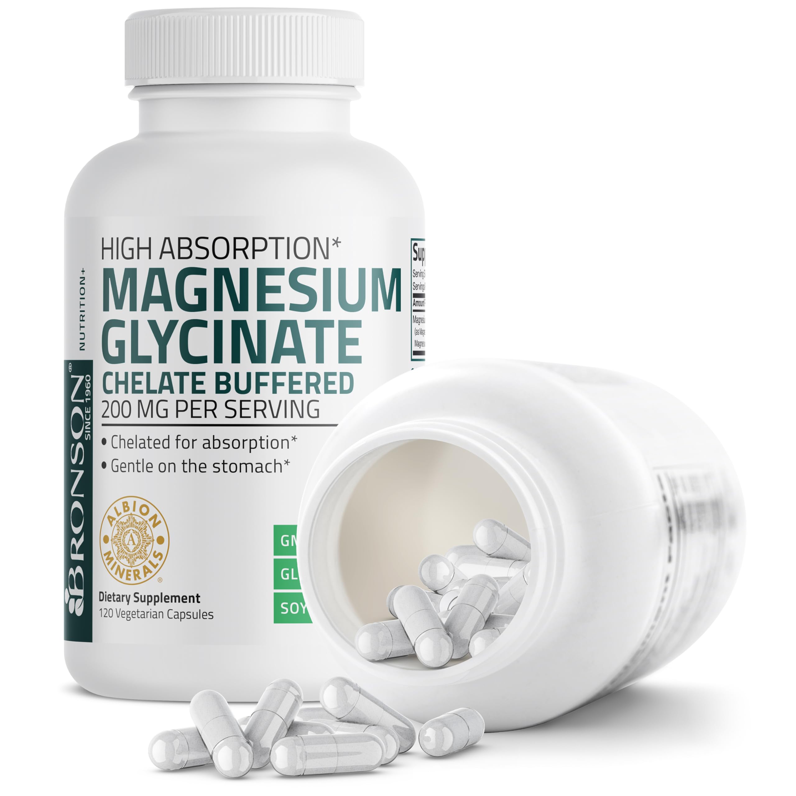 Bronson Magnesium Glycinate 200 MG Chelated High Absorption, 120 Capsules | Stress Relief, Sleep, Heart Health, Nerves, Muscles, and Metabolism Support, Vegetarian, Non-GMO, Gluten Free, Soy Free