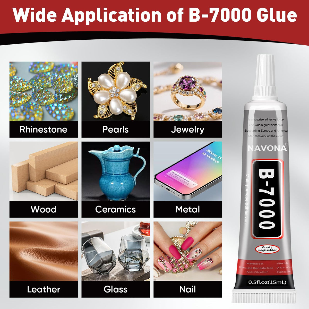 15 PCS 15ml B7000 Rhinestone Glue Clear with Precision Tip, Bedazzling Glue, Multipurpose Super Glues for Nail, Craft, Jewelry Making, Nail Art, DIY, Makeup, Shoes
