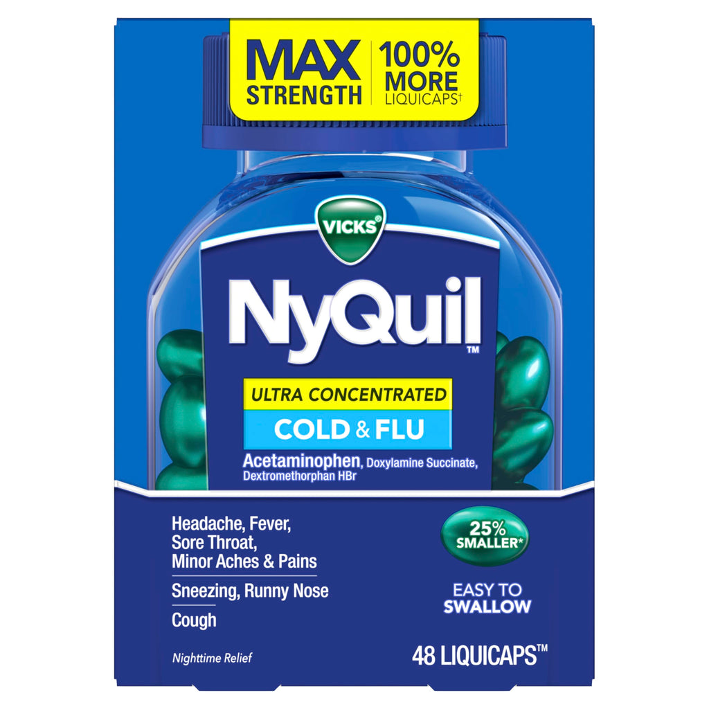 Buy now NyQuil Ultra Concentrated Cold and Flu Medicine, Nighttime, Relief for Cough, Sore Throat, Fever, Congestion, Easy to Swallow, Easy to Open Bottle, 48 LiquiCaps at indiglob india