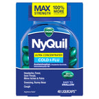 Buy now NyQuil Ultra Concentrated Cold and Flu Medicine, Nighttime, Relief for Cough, Sore Throat, Fever, Congestion, Easy to Swallow, Easy to Open Bottle, 48 LiquiCaps at indiglob india