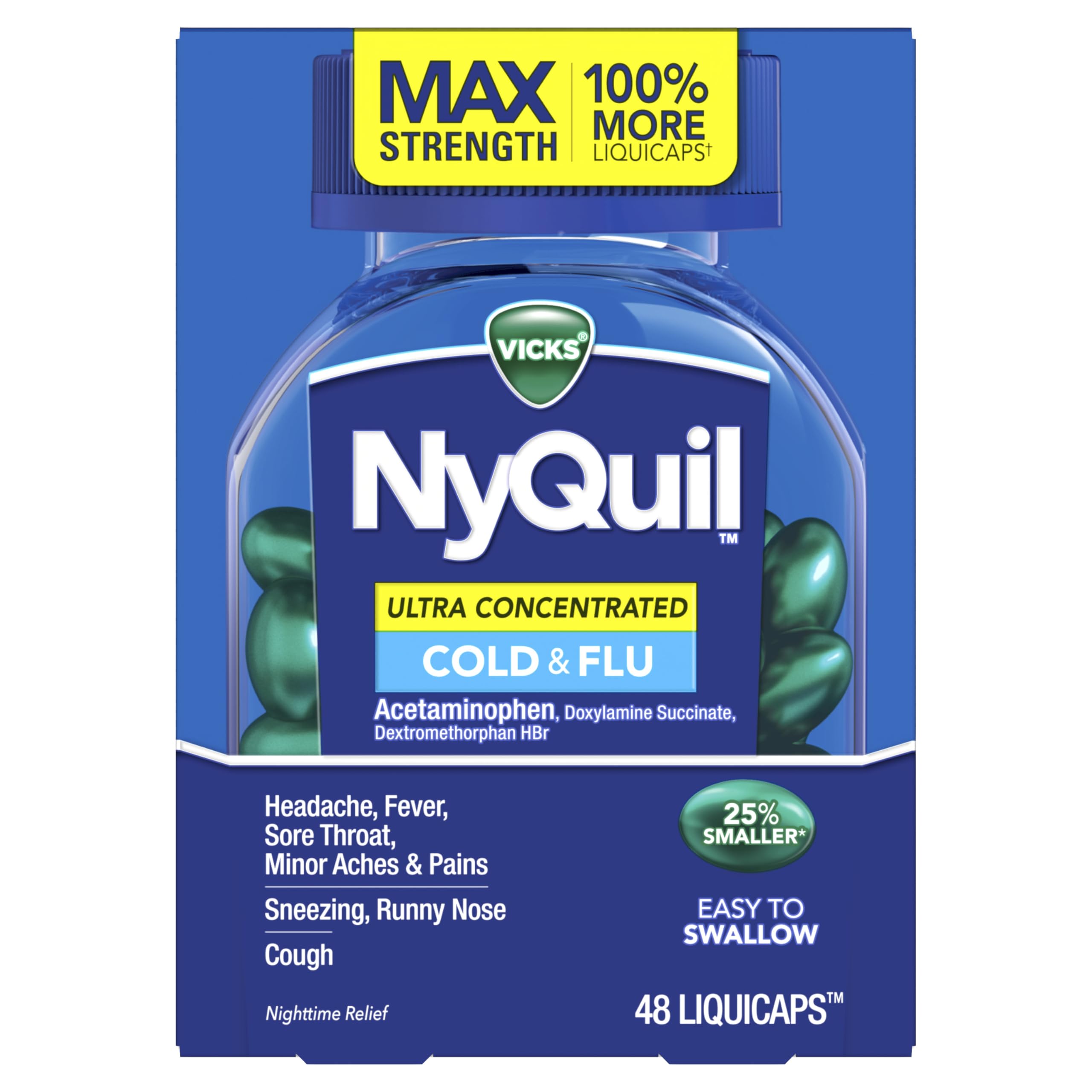 Buy now NyQuil Ultra Concentrated Cold and Flu Medicine, Nighttime, Relief for Cough, Sore Throat, Fever, Congestion, Easy to Swallow, Easy to Open Bottle, 48 LiquiCaps at indiglob india