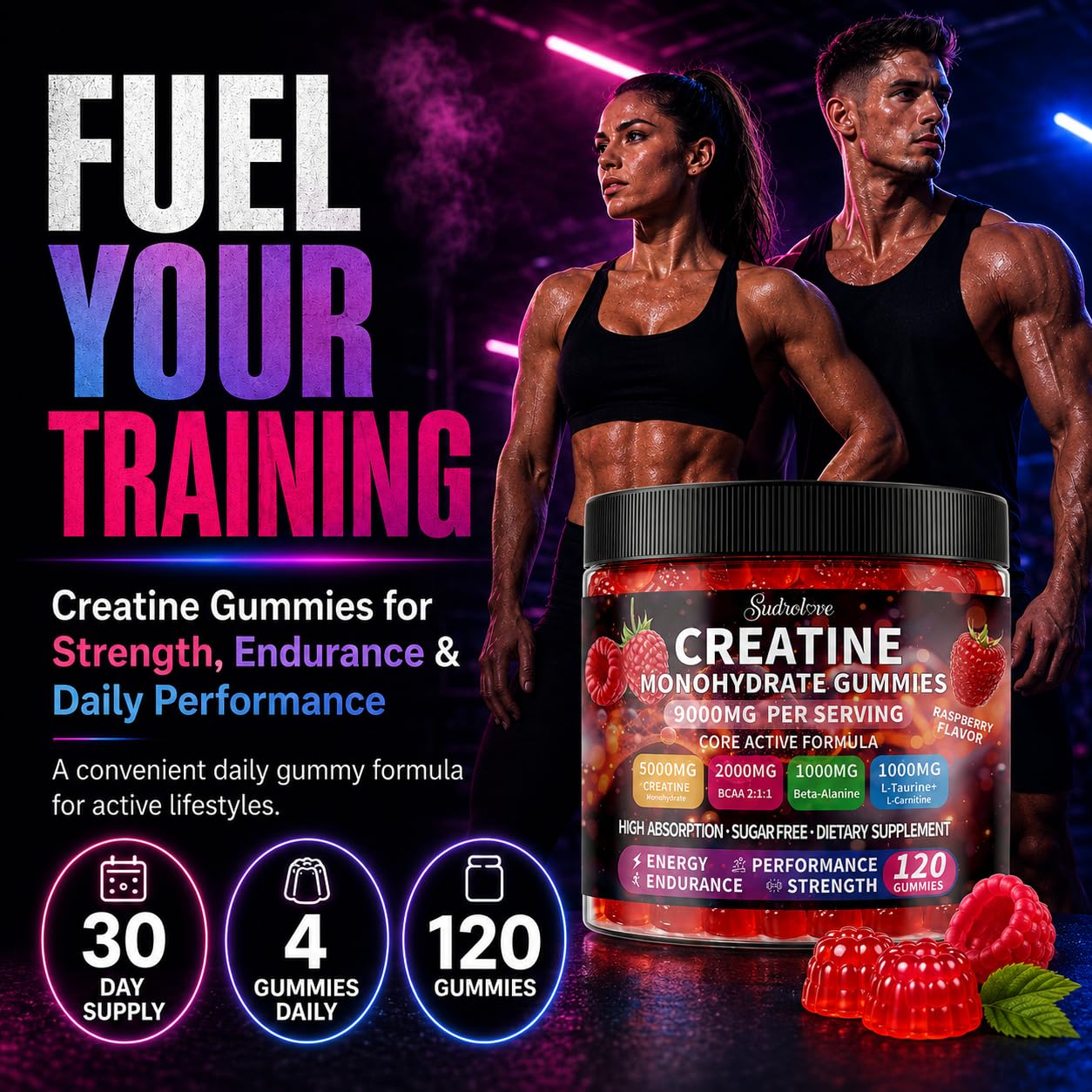 Creatine Monohydrate Gummies 5000mg for Women & Men,120 Count | Blended BCAA, Beta-Alanine, L-Taurine & L-Carnitine Plus B6 B12,Chewable Pre-Workout, Boost Stamina,Ease Muscle Soreness