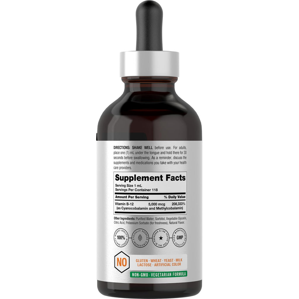 Horbaach B12 Vitamin 5000 mcg Sublingual | 4 Fl Oz | as Methylcobalamin and Cyanocobalamin | Liquid Vegetarian Drops | Berry Flavor | Non-GMO & Gluten Free Supplement
