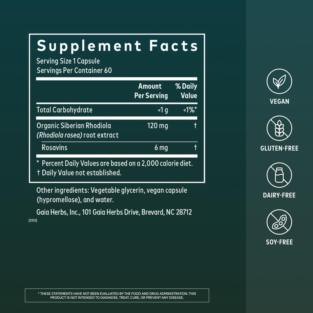 Gaia Herbs Rhodiola Rosea - Stress Support Supplement Traditionally for Supporting Healthy Stamina & Endurance* - with Siberian Rhodiola Root Extract - 60 Vegan Liquid Phyto-Caps (60 Servings)