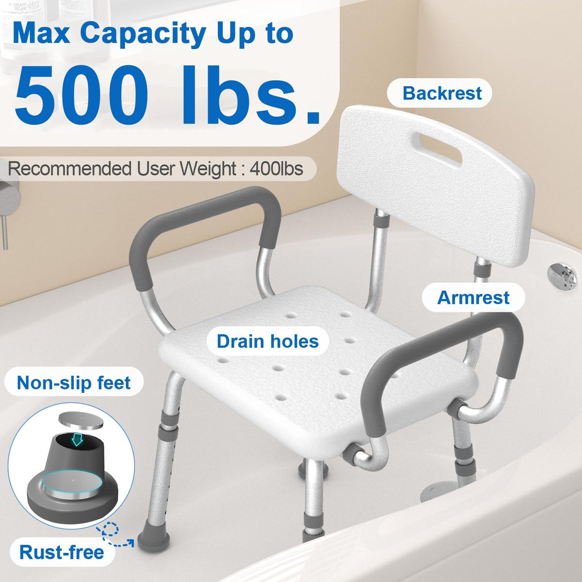 HOMLAND Shower Chair for Inside Shower with Padded Armrests and Back