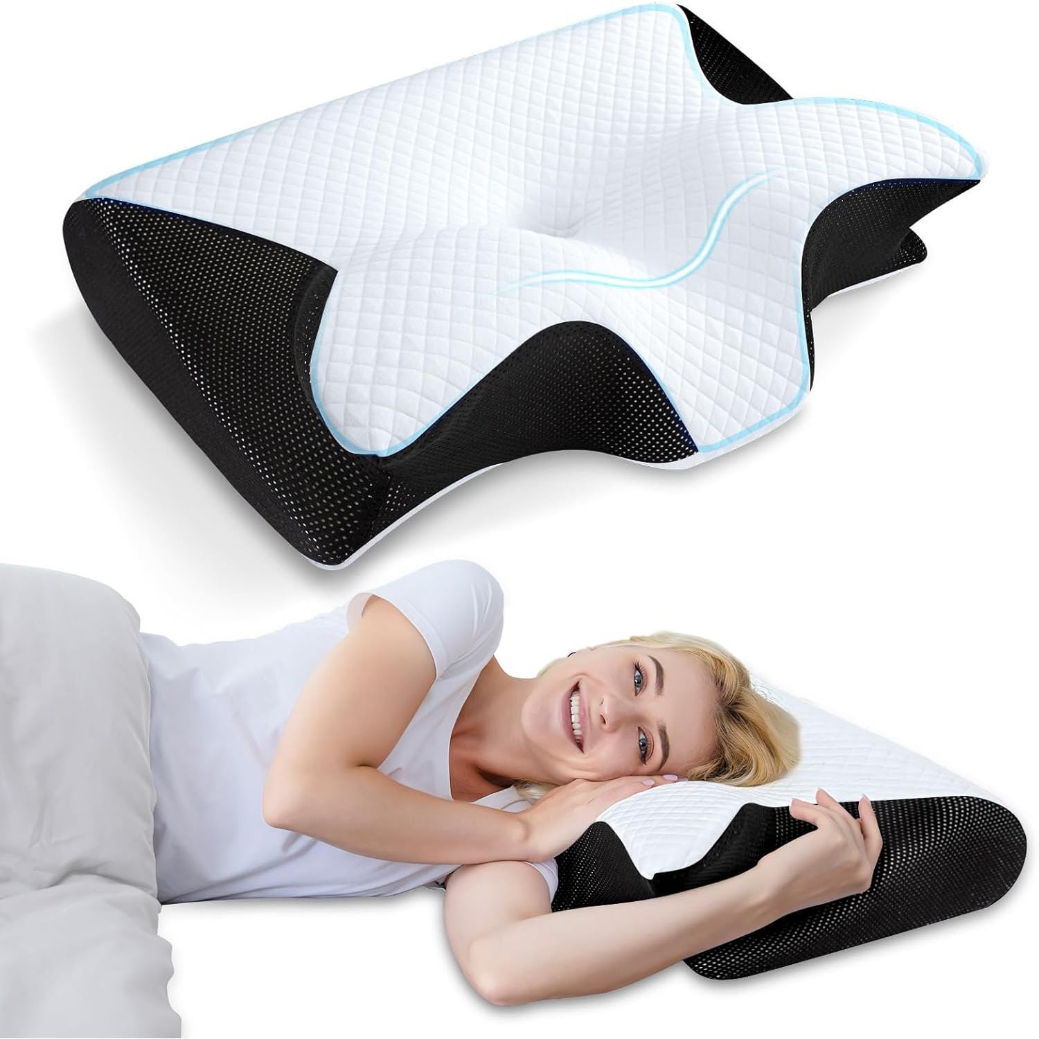 Buy now HOMCA Memory Foam Cervical Pillow, 2 in 1 Ergonomic Contour Orthopedic Pillow for Neck Pain, Contoured Support Pillows for Side Back Stomach Sleepers Black at indiglob india