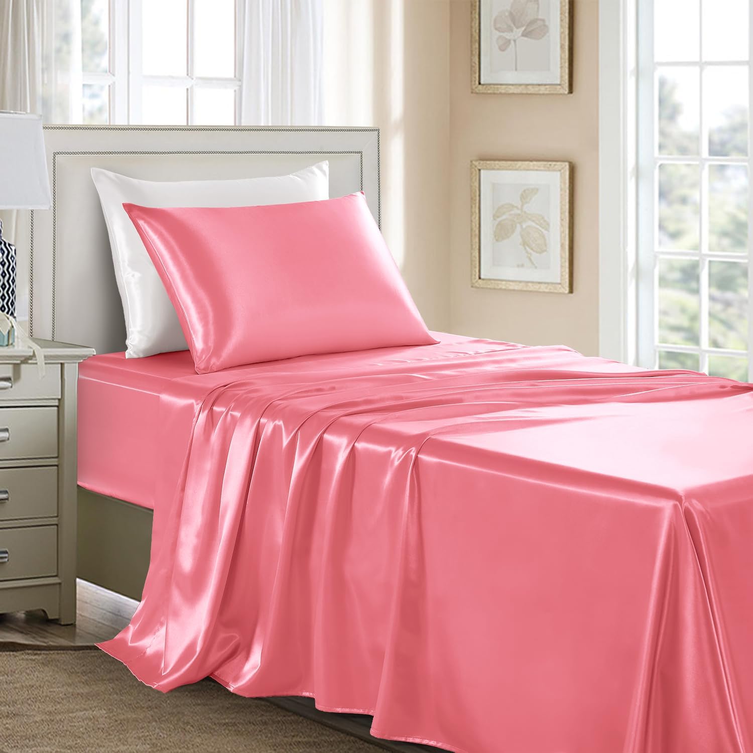 Buy now Satin Sheets King Size - 4 Pieces Luxury Silky Soft Bed Sheets, Wrinkle-Free Gold Satin Silk Sheet Set with 1 Deep Pocket Fitted Sheet, 1 Flat Sheet, 2 Pillow Cases Twin Pink at indiglob india