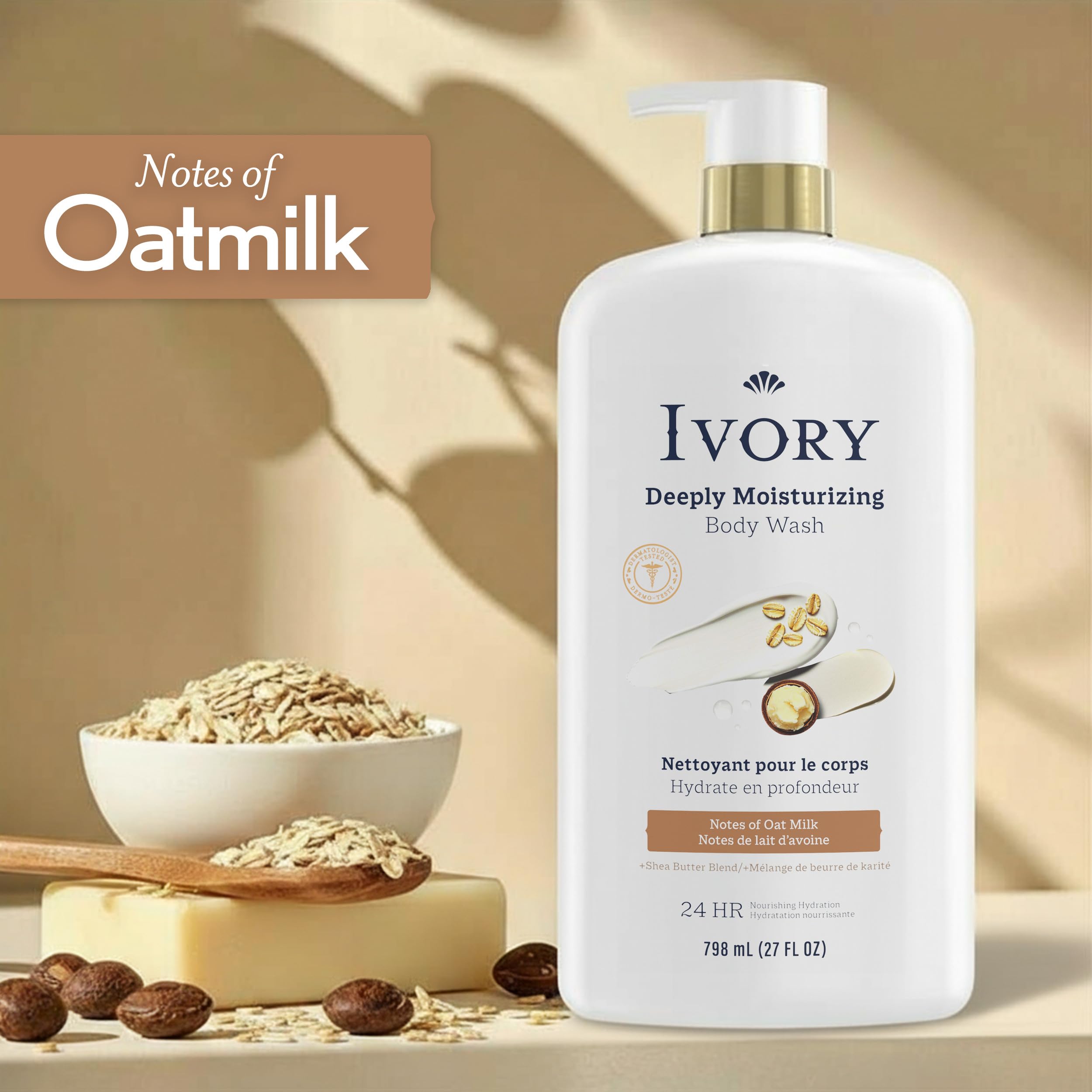 Ivory Body Wash, Deeply Moisturizing, 24hr Nourishing Hydration, Soothes Itchy Dry Skin, Made with Shea Butter Blend, Free of Dyes Heavy Perfumes Parabens & Phthalates, Oatmilk Scent, 27 oz